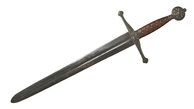 Antique steel longsword with ornate metal hilt and brown leather grip on white background