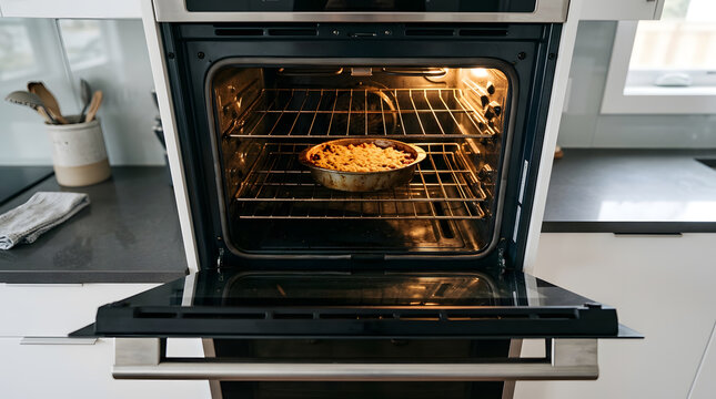 Round Baking Dish with Casserole Inside Open Warm Wall Oven | Fruit Cobbler Baking in Oven with Door Open in Modern Kitchen | Close Up of Casserole Dish on Wire Rack Inside Kitchen Oven 