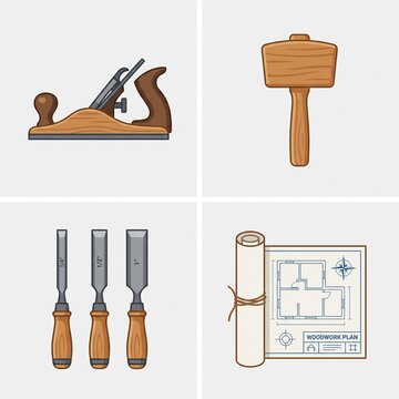 Woodworking Tools and Carpentry Plan Vector Illustration Set