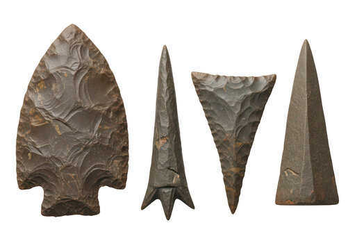 Four flint arrowheads showcase ancient craftsmanship on transparent background arrowhead