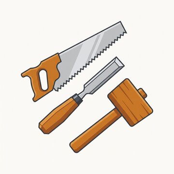 Woodworking tools vector illustration with saw, chisel, and mallet