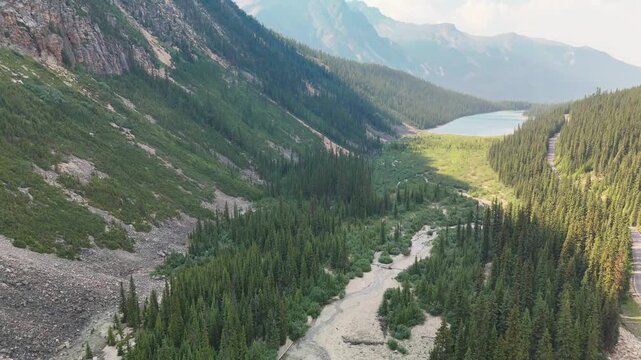 Stunning aerial perspective of Cavell Lake surrounded by