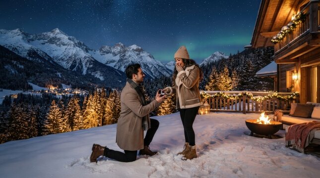 Romantic winter marriage proposal under the starry sky and aurora borealis