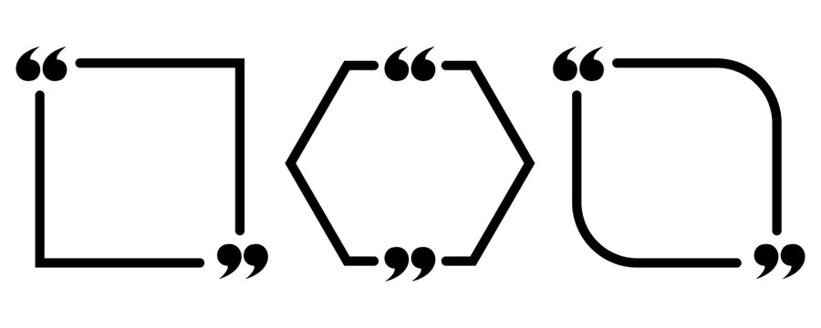 Black geometric quotation mark frames in square hexagon and rounded styles for text layout isolated on transparent background.