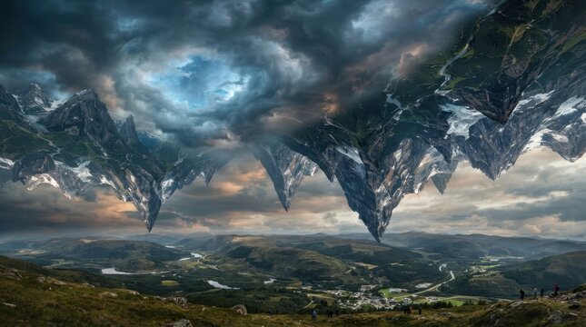 Surreal inverted mountains float above a serene valley landscape