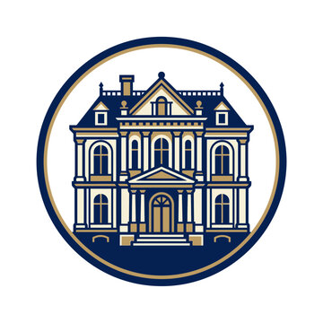 Circular estate logo with detailed blue mansion illustration.