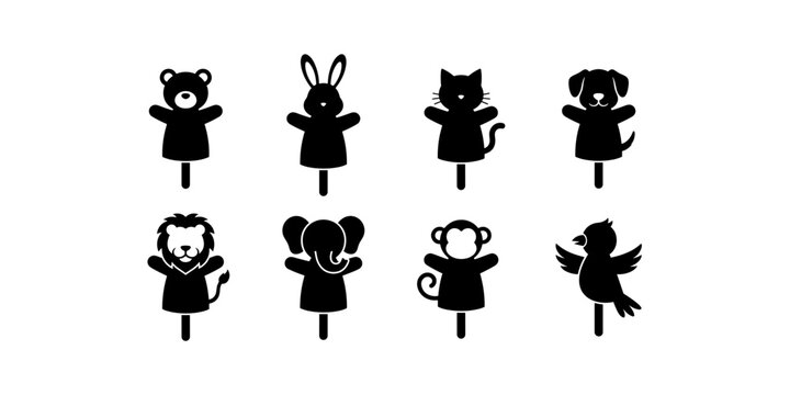Black silhouette vector illustrations of animal hand puppets including bear, rabbit, cat, dog, lion, elephant, monkey, and bird