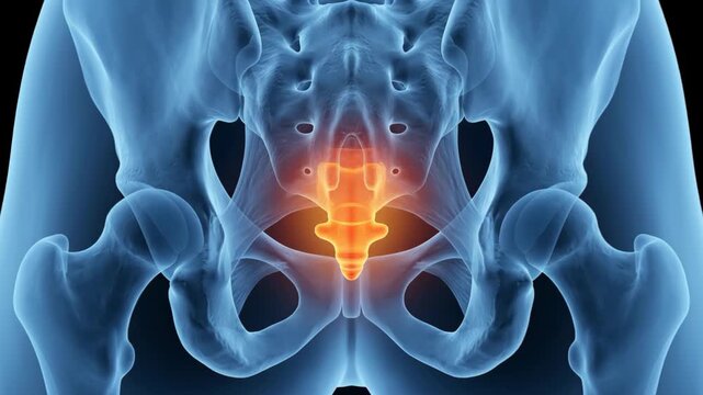 Human sacrum and coccyx pain highlighted in 3d medical animation