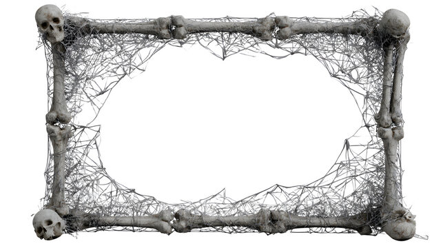 rectangular frame decorated with bones and cobwebs, halloween decorative border element, photorealistic 3D illustration, soft shadows, high detail, isolated on white background