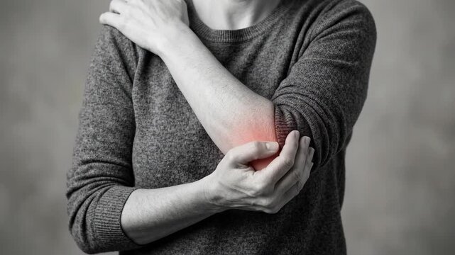 Woman holding painful elbow joint with red inflammation glow