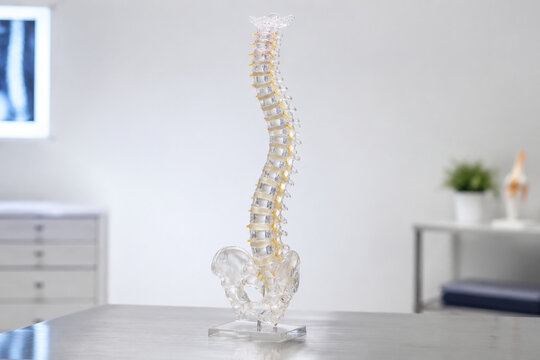 Translucent anatomical model of human spine with lateral S-curve on steel table, scoliosis and medical education concept