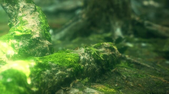 Moss grows on rocks and logs in a forest. The sunlight filters through the trees. Green colors dominate the scene. The forest floor is rich with plant life.