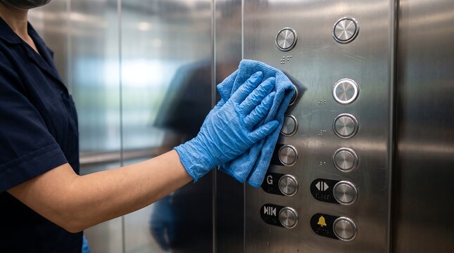 Person wearing blue gloves cleaning an elevator's stainless steel control panel with a blue cloth