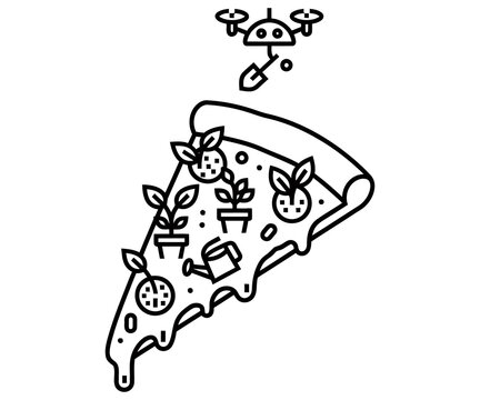Pizza slice being served by a small drone with gardening equipment