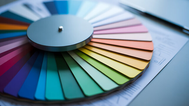 Circular color swatch fan with metallic silver center hub and colorful paper samples on a surface 