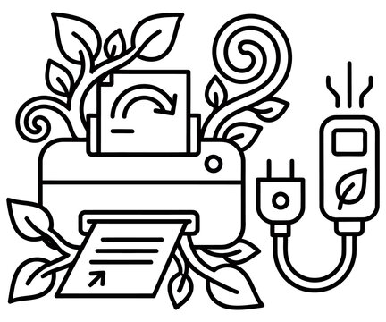 Eco-friendly printer line icon, sustainable green office printing technology, recycled paper and energy efficient hardware concept