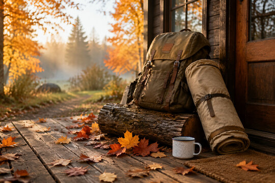 Autumn doorstep with canvas tent, backpack on log, and enamel mug among fall leaves, outdoor adventure and cozy retreat concept