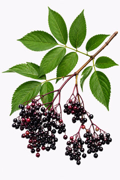 Close-up of elderberry leaves with dark red berries on a white background. PNG