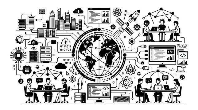 Global network technology and computer coding infographic.