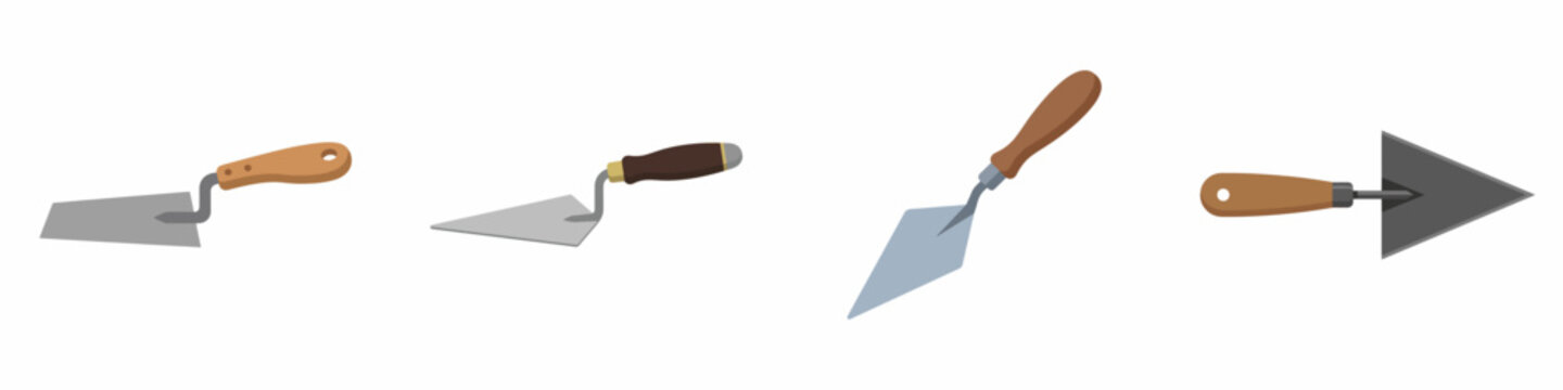 Set of four different masonry trowels isolated on white background