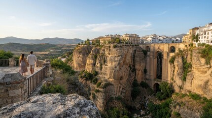 Fototapeta premium Scenic view of cliffside town with historic architecture overlooking lush valley in daylight