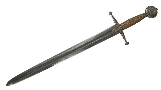 Close up of a weathered medieval sword with a rusted blade and ornate hilt on a white background 