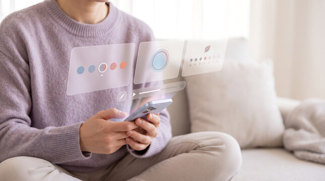Person using smartphone for mindfulness app with holographic meditation and breathing exercise interface