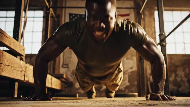 Intense Military Training: Muscular Soldier Performing Push-ups in Gritty Gym, Ideal for Fitness Motivation and Recruitment.