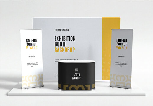 Exhibition Booth Roll Up Banner and Backdrop Mockup Set