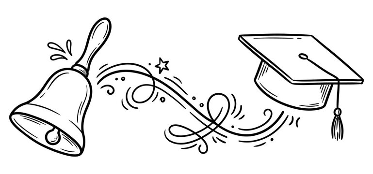 A black and white line art illustration featuring a traditional handbell and a graduation cap connected by decorative swirls for a school theme