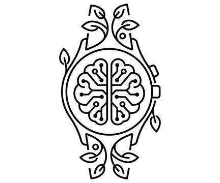 Minimalist digital brain watch icon, black line art smartwatch with circuit board brain and organic leaves, eco technology concept