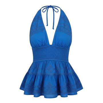 Vibrant blue halter neck ruffled peplum top isolated on transparent background
