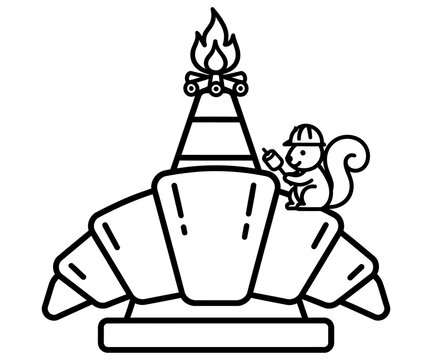 Cute squirrel worker roasting marshmallow over croissant campfire