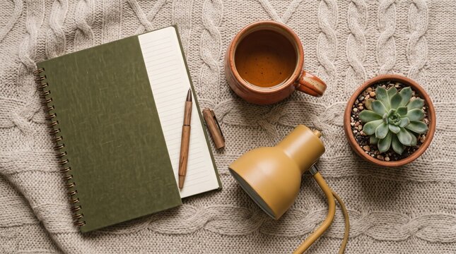 Cozy study desk setup with a green notebook, pen, coffee mug, yellow lamp, and a potted succulent on a knitted background