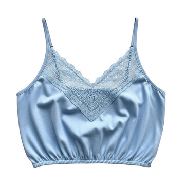 Light blue satin camisole top with delicate lace trim isolated on transparent background