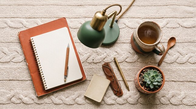 Cozy flat lay of college essentials featuring a notebook, pen, cup of tea, and small lamp on a knitted background
