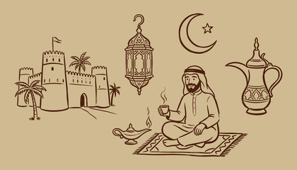 Arabian Nights Doodle Illustration Set With Desert Village, Lantern, Crescent Moon, Teapot and Traditional Man © IconNest Studio