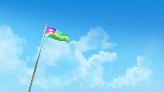 Togo Flag 3D Render Animation on Pole with Blue Sky and Clouds - Low Angle View