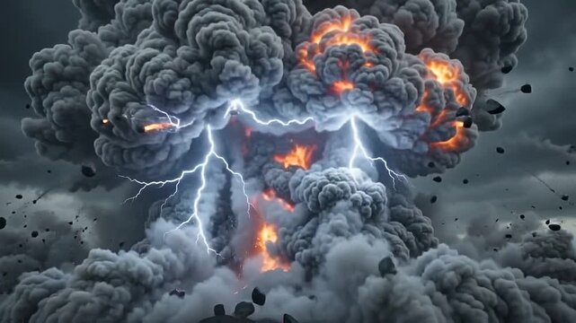 Massive terrifying volcanic ash cloud erupts violently into the sky while being illuminated from within by intense glowing orange hot magma.
