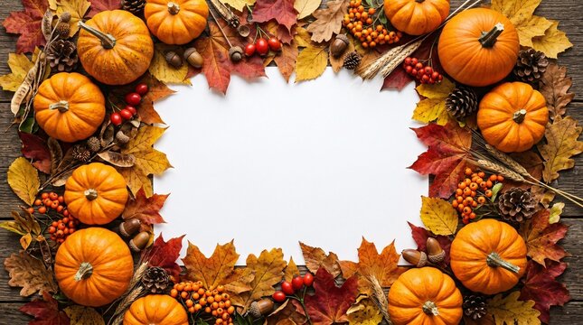 Vibrant autumn harvest border composition features plump orange pumpkins and crisp fallen maple leaves in rich shades surrounding the center.
