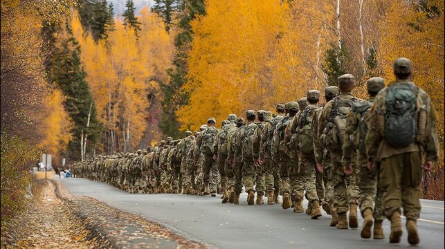 Soldiers in camouflage uniforms marching down a quiet asphalt road surrounded by vibrant yellow autumn trees during a sunny day