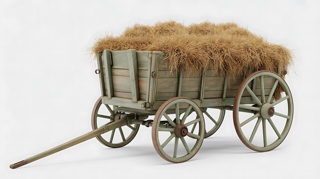 Wooden farm cart filled with dry yellow hay