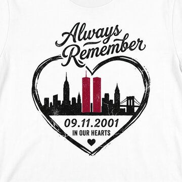 Vintage September 11 memorial emblem featuring a black New York City skyline, crimson Twin Towers, and hand-drawn Always Remember heart design.