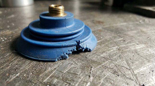 Torn pneumatic vacuum suction cup with damaged sealing lip