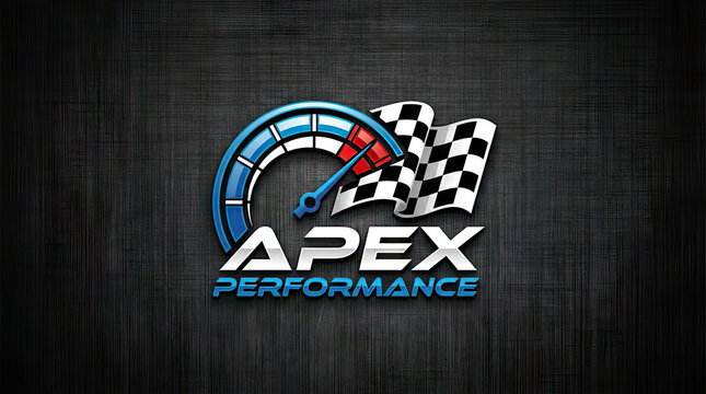 Apex performance logo with speedometer and racing flag.