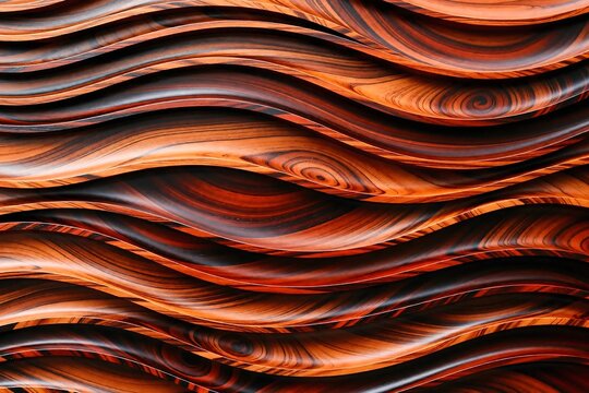 Abstract brown wooden wavy texture background, 3d parametric wood grain panels with smooth curves, luxurious fluid timber pattern wallpaper