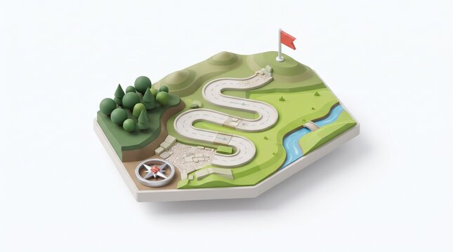 3D isometric map illustration of a winding mountain road leading to a finish flag with trees and a compass