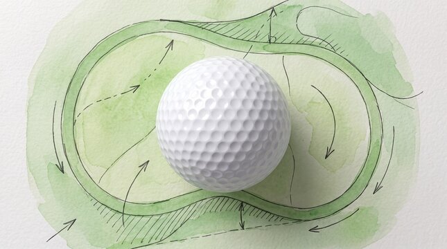 White golf ball resting on watercolor green course layout strategy map