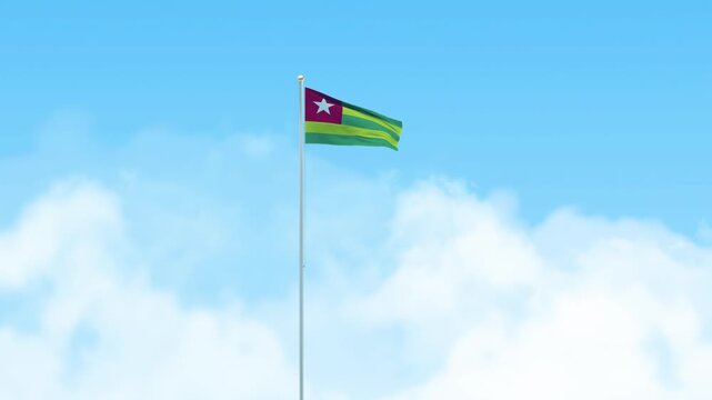 Togo Flag 3D Render Animation Waving on Pole with Blue Sky
