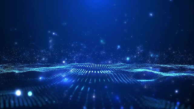 Abstract blue digital waves with floating particles during a subtle light bloom for technology background